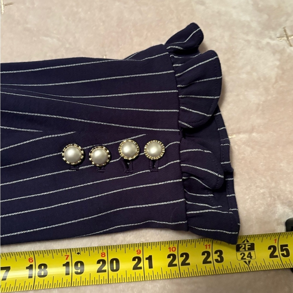 NWT Chico's Navy and White Striped Blazer Women’s XLP Ruffled Cuff Pearl Buttons - Picture 9 of 10